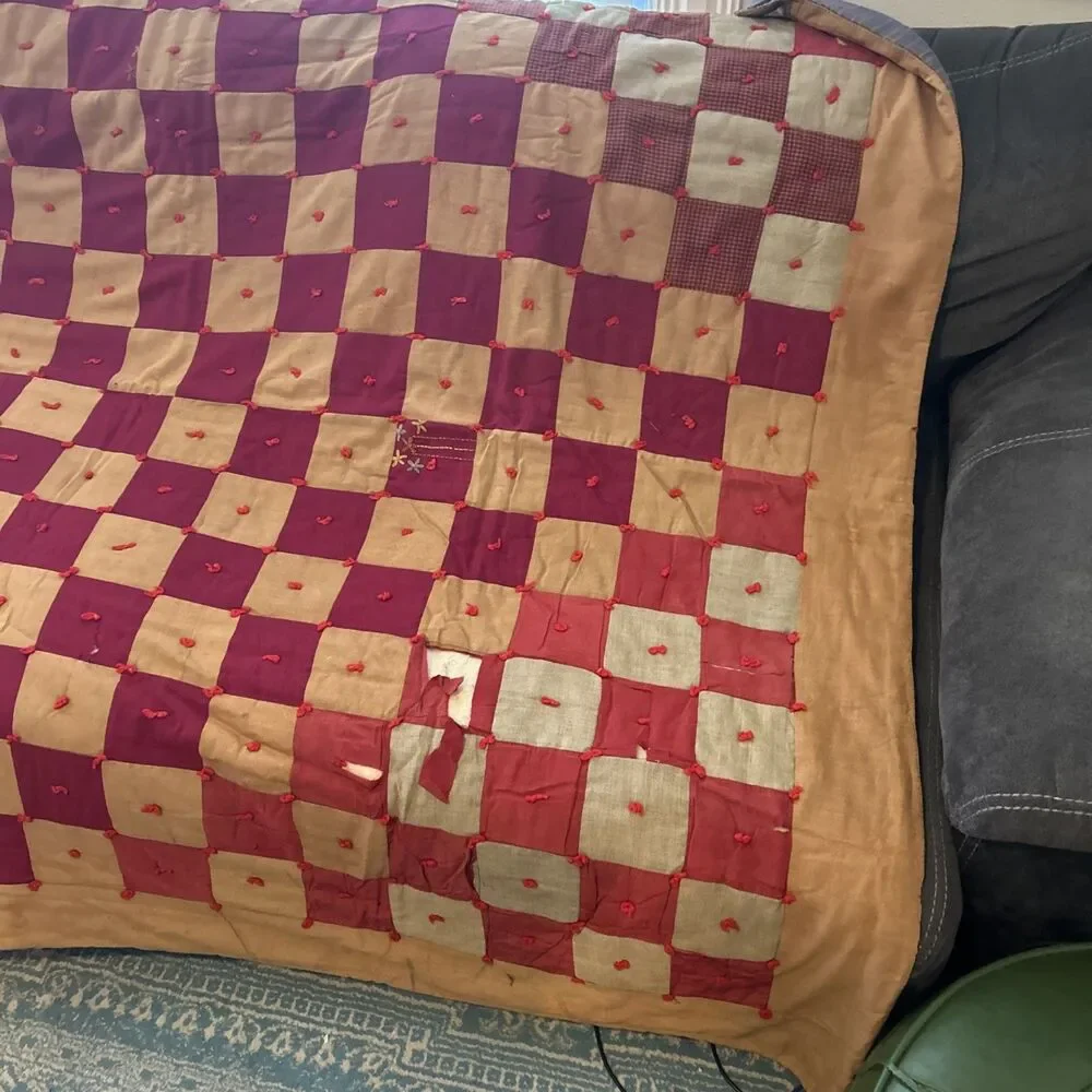 Antique vintage homemade checkerboard Tied quilt patchwork red mustard folk‎ art